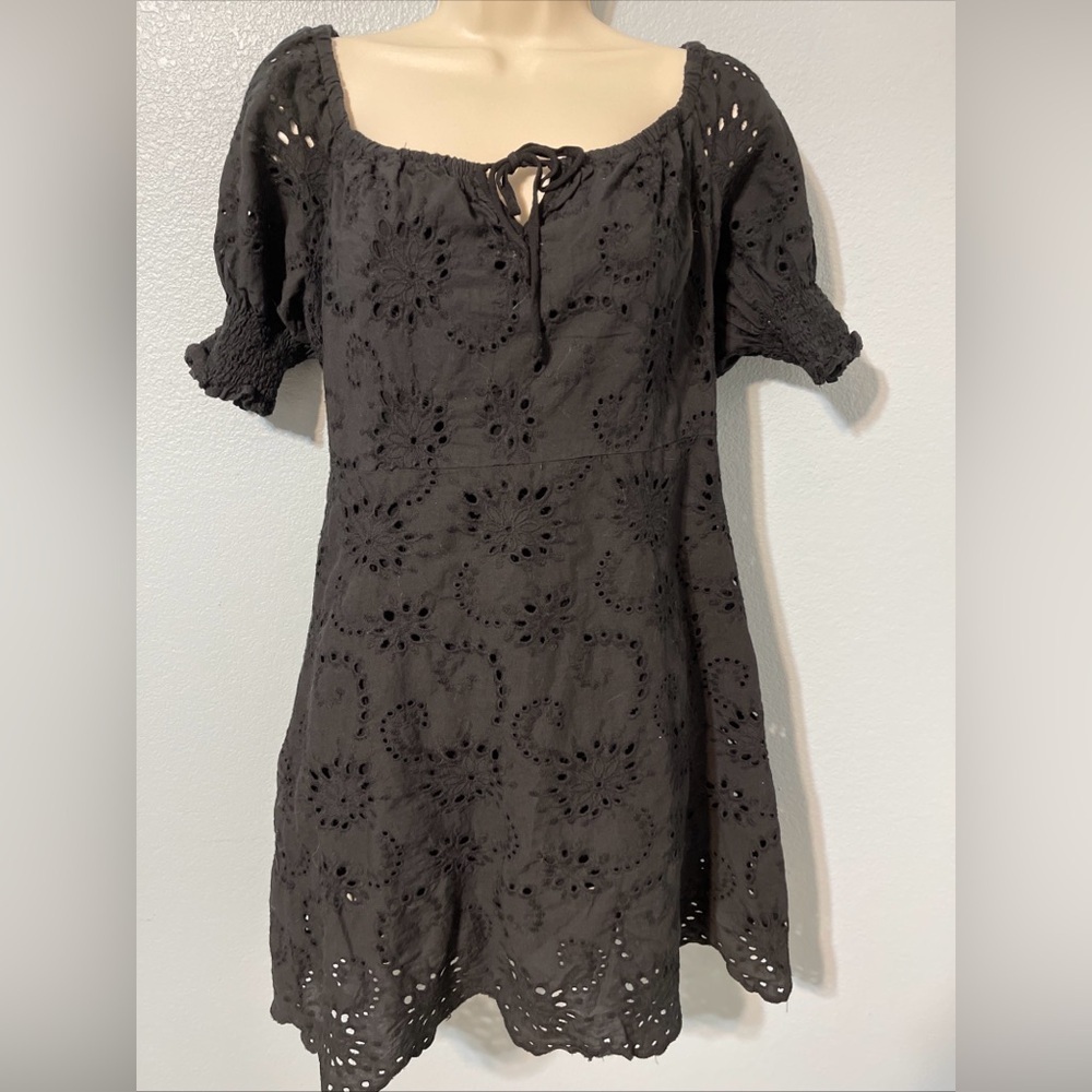 7 For All Mankind Black Eyelet Lace Mini Dress Puff Sleeve Babydoll Goth Medium
